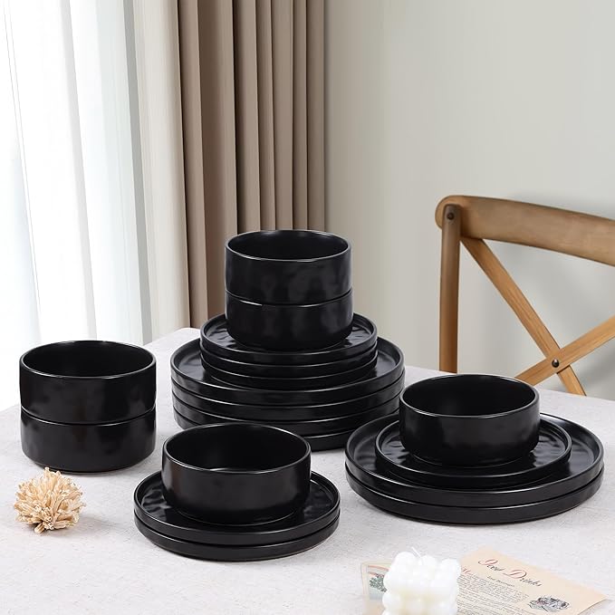 LIANYU 18 Piece Dinnerware Dishes Sets for 6, Stoneware Plates and Bowls Dishware Set, Ceramic Dinning Ware Includes Dinner Salad Plates, Cereal Bowls, Chip & Scratch Resistant, Obsidian Matte Black