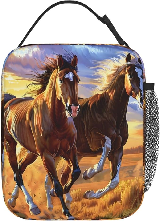 Running Horse Lunch Box for Women Men Boys Kids, Insulated Cooler Beautiful Horse Lunch Bag for School, Picnic, Office, Travel, Work, Portable Reusable Polyester Thermal Tote Lunch Bags