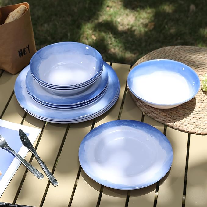 Melamine Dinnerware Sets- 12pcs Melamine Plates and Bowls Set for 4, Suitable for Indoor and Outdoor Use, Blue
