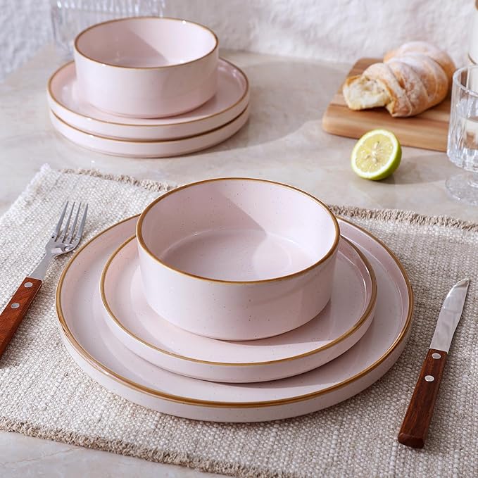 Famiware Nebula Plates and Bowls Sets for 4, 12 Pieces Stoneware Dinnerware Set, Microwave and Dishwasher Safe Dishes Set, Light Pink with Brown Rim