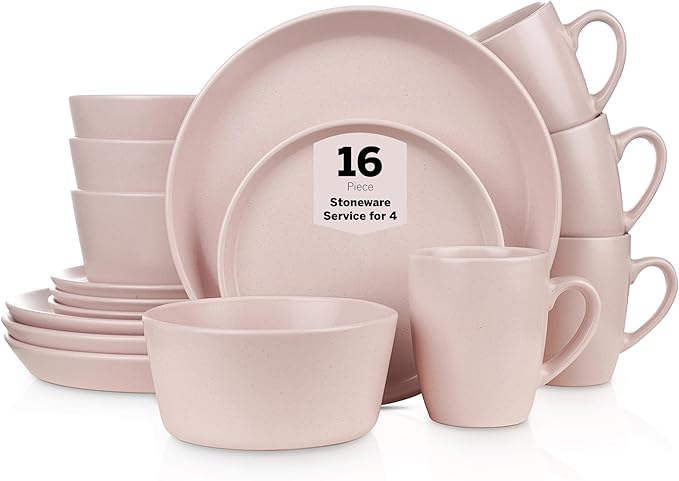 Stone Lain Albie Stoneware 16-Piece Modern Dinnerware Set, Kitchen Plates and Bowls Sets, Dish Set for 4, Pink