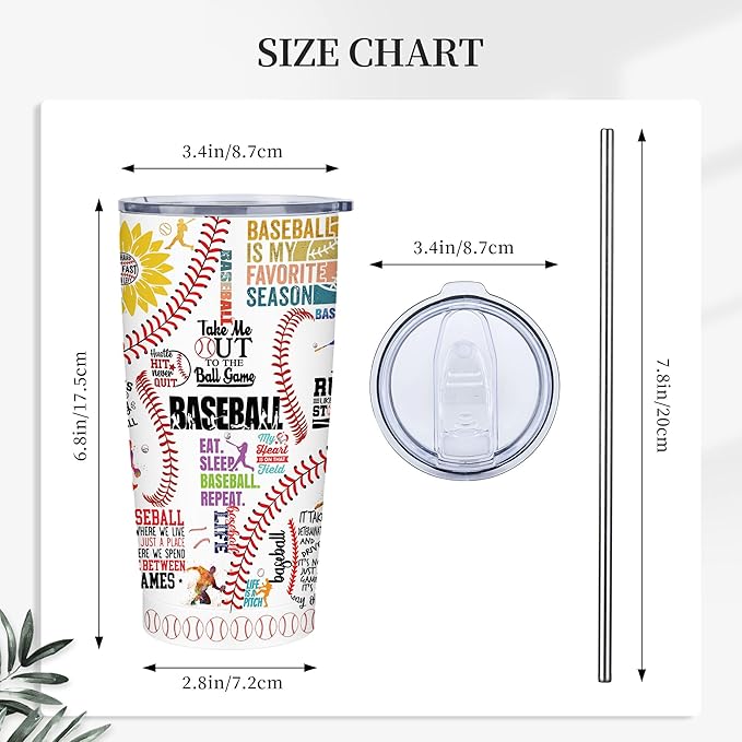 Baseball Tumbler Cup With Lid - Lover Birthday Gifts, Stainless Steel Vacuum Coffee Mug for Women Men, 20 Oz