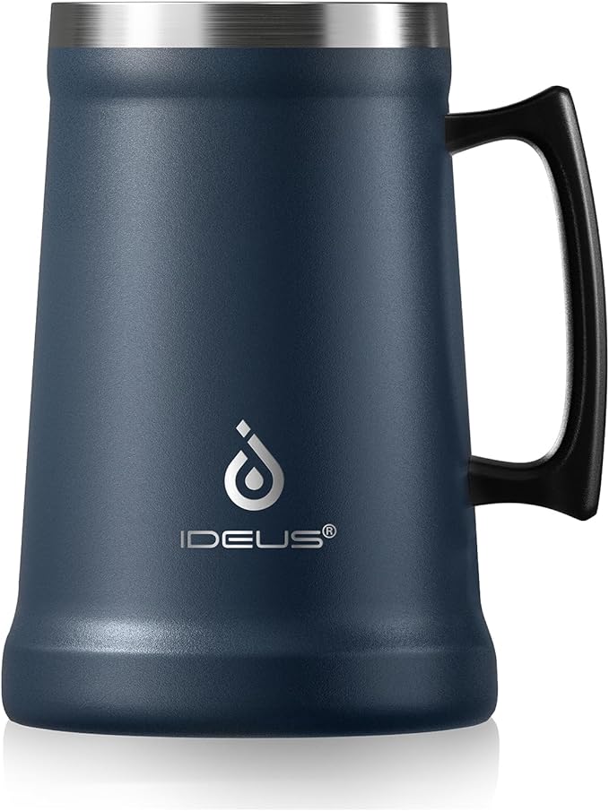 Ideus Insulated Beer Stein, 24/32oz Stainless Steel Double Walled Beer Mug Giant Bar Drinkware Metal Beer Cup with Big Grip Handle (34oz (1,000ml), Navy Blue)