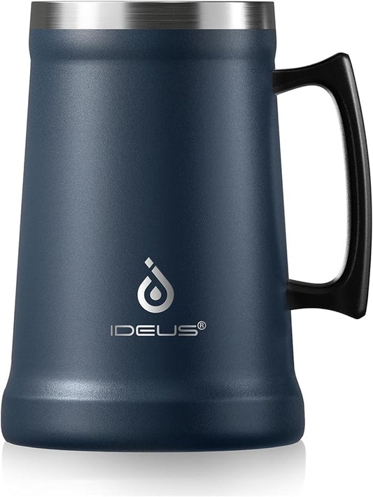 Ideus Insulated Beer Stein, 24/32oz Stainless Steel Double Walled Beer Mug Giant Bar Drinkware Metal Beer Cup with Big Grip Handle (34oz (1,000ml), Navy Blue)