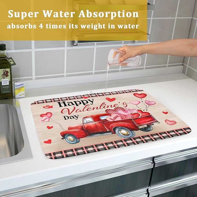 Valentine's Day Truck Dish Drying Mat 18x24 inch Love Heart Washable Absorbent Dishes Pad Dish Drainer Mat for Kitchen Counter Sink Coffee