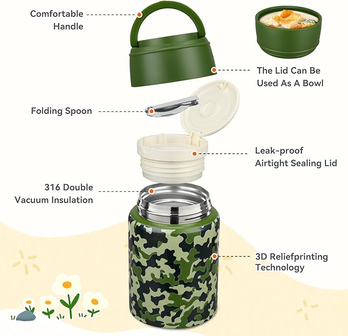 17oz Soup Thermo for Hot Food Kids Insulated Food Jar,Thermo Hot Food Lunch Container, Width Mouth Stainless Steel Lunch Box for Kids with Handle Folding Spoon(Army Green - Camouflage)