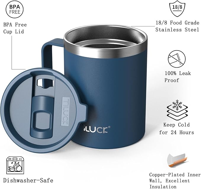 TILUCK 12 oz Insulated Coffee Mug with Lid, Leak-Proof Stainless Steel Travel Mug Cup with Handle for Hot or Cold Drinks(DarkBlue, 12oz)