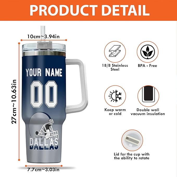 Custom Insulated 40oz Football Travel Cup with Handle & Straw, Stainless Steel Personalized Tumbler, Name & Number Mug, Sports Fan Gift for Men Women (Dallas)