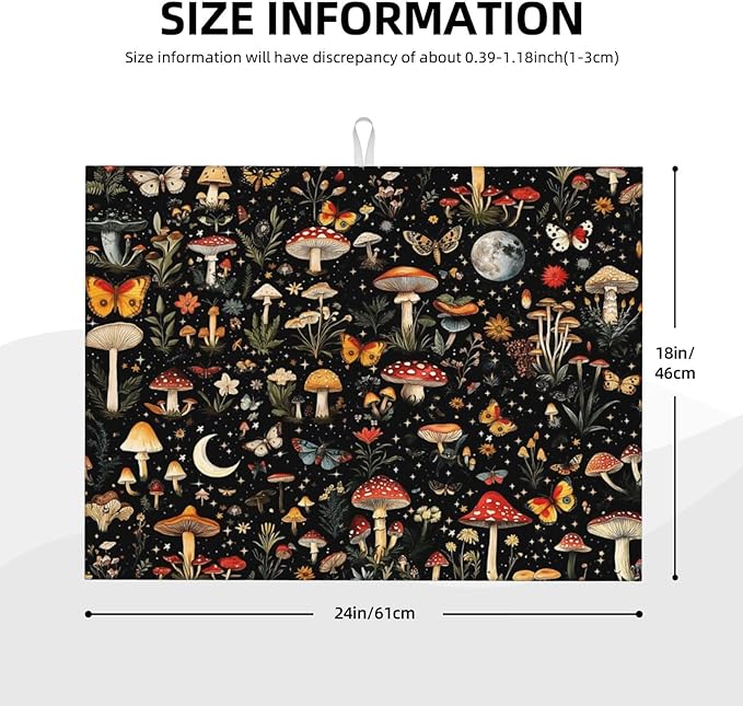 Black Forest Mushroom Butterfly Dish Drying Mats, Absorbent Microfiber Cute Decorative Kitchen Counter Mat, Washable, Reusable, Foldable for Dishes Utensils, Small Appliances, Home Decor, 18 x 24 inch