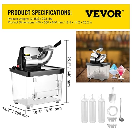 VEVOR 110V Commercial Ice Crusher 661LBS/H, ETL Approved 300W Electric Snow Cone Machine with Dual Blades, Stainless Steel Shaved Ice Machine with Safety On/Off Switch for Family, Restaurants, Bars