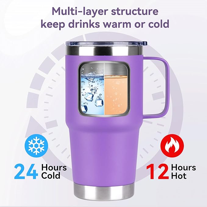 20oz Tumbler Bulk with Lid, Stainless Steel Tumbler Bulk with Handle, Metal Insulated Travel Coffee Mug Set with Handle, Double Wall Vacuum Leak Proof Tumbler Cup, Purple 12 Pack