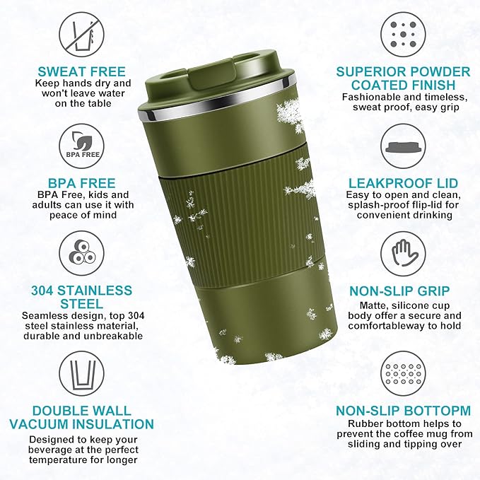 12oz Travel Coffee Cups Insulated Tumbler Thermal Mug to Go with Lid Leak Proof Reusable Stainless Steel Coffee Mug Spill Proof for Hot and Iced Cold Drinks (Green, 380ml)