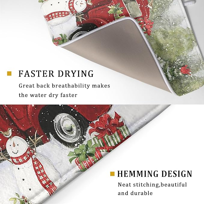 Christmas Red Truck Dish Mat for Kitchen Counter 18x24in, Winter Holiday Xmas Tree Snowman Farmhouse Absorbent Dishes Drainer Drying Mats Fast Dry Washable Microfiber Draining Pad