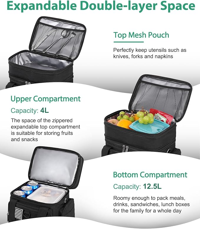 Tactical Lunch Box for Men, Large Insulated Lunch Bag for Adult, Heavy Duty Double Deck Expandable Lunch Cooler Bag with American Flag, Leakproof Soft Lunch Pail for Work Office Camping - Black