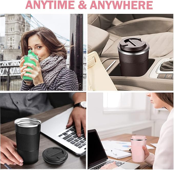 Travel Coffee Mug Spill Proof Leakproof 12 oz Insulated Coffee Mug with Screw Lid, Stainless Steel Vacuum Tumbler Reusable Thermal Coffee Cup to go for Hot and Cold Drinks -380ml, Pink