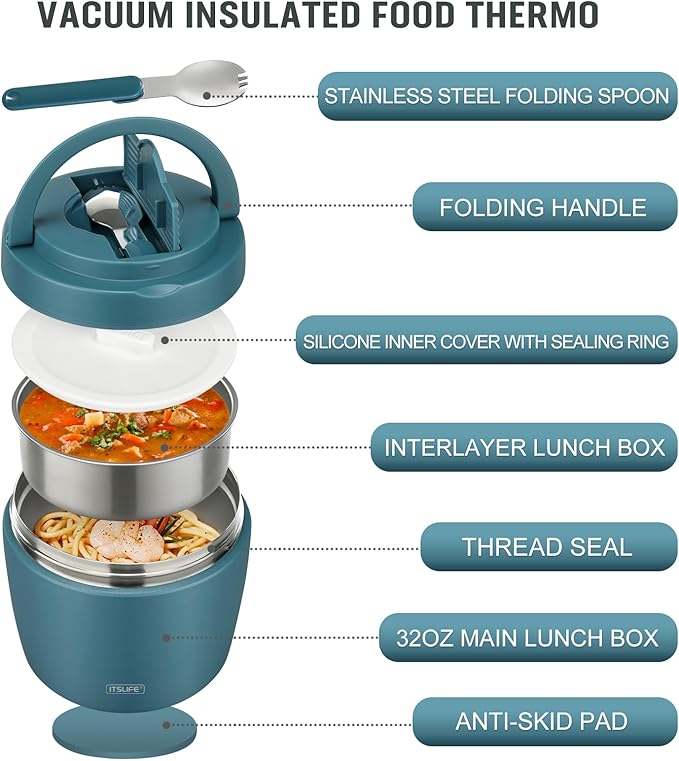 Soup Thermo for Hot Food Adults 32OZ Lunch Containers Wide Mouth Hot Food Jar Vacuum Insulated Stainless Steel Bento Box Leakproof with Spoon (Teal)