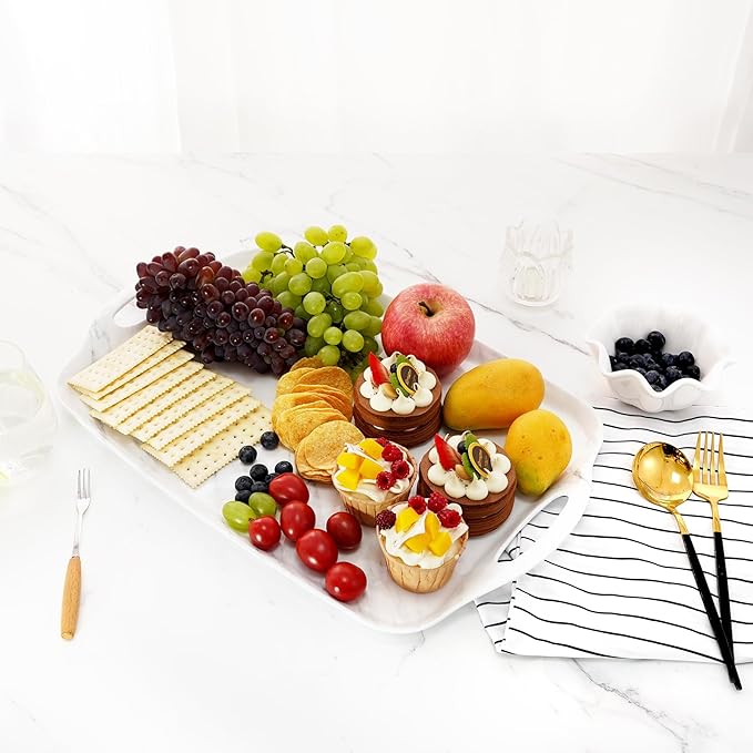 TP Serving Trays with Handles, 17 Inch Large Rectangular Melamine Serving Platter Set of 2, White Marble