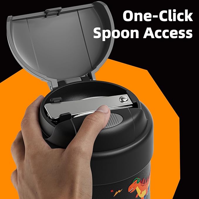 15 oz Soup Thermo for Hot Food Kids Insulated Food Jar with Spoon, Lunch Thermo Container, Width Mouth Vacuum Stainless Steel Food Thermo for School Travel, Leakproof, Easy to Open(Black)