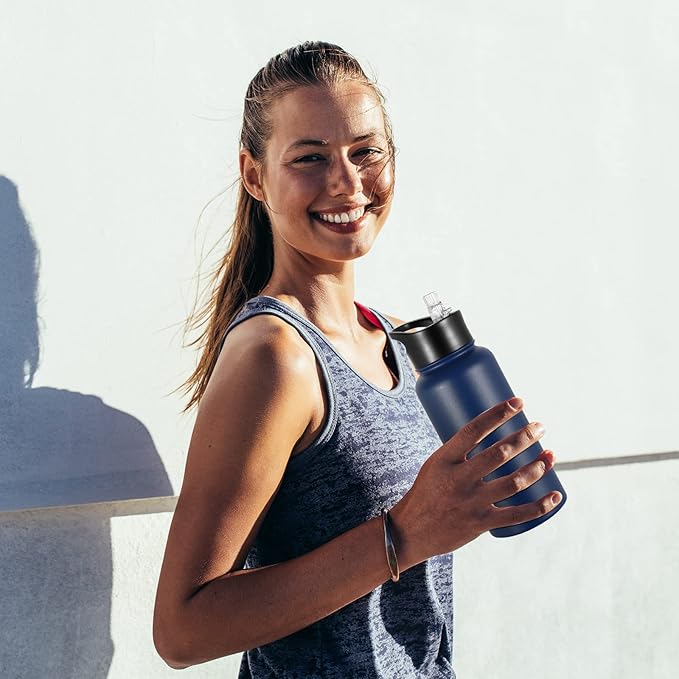 32 oz Insulated Water Bottle Bulk 8 Pack, Stainless Steel Sports Water Bottles with Straw Lid & Wide Mouth Lids, Double Walled Vacuum, Leak Proof, Blue