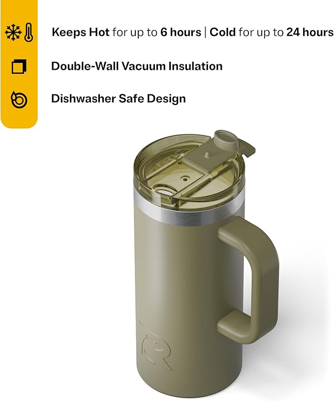 RTIC 16oz Road Trip Travel Mug with Lid and Handle, Ceramic Lined, Insulated, Stainless Steel, Metal, Double Wall Vacuum-Insulation, Portable Coffee, Tea Cup for Hot and Cold Drink, Olive