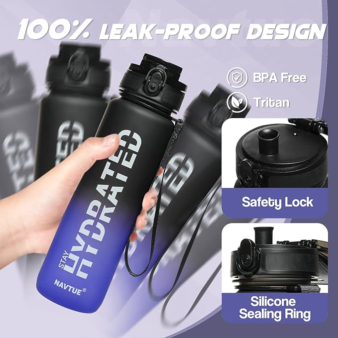 Water Bottle, 32 oz Sports Water Bottles with Time Marker Wide Mouth, Motivational and Leakproof Drink Bottle, BPA Free Tritan with Carry Strap for Gym Fitness Outdoor(Direct Drink 1 Bottle)