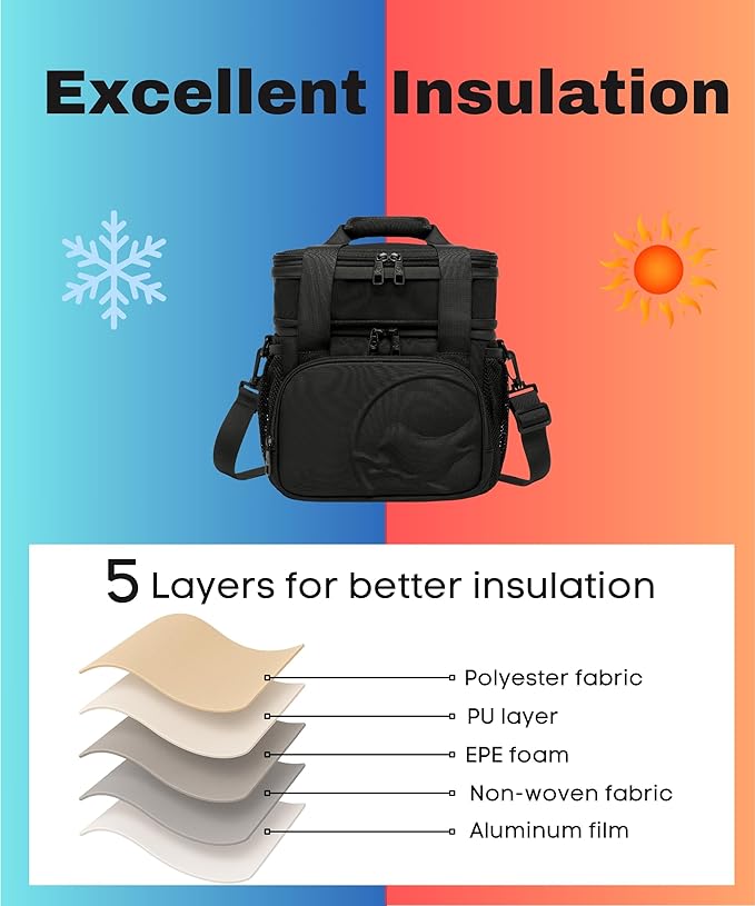 SUNNY BIRD Dual Compartment Lunch Bag, 13L Insulated Adult Lunch Box for Work (Black)