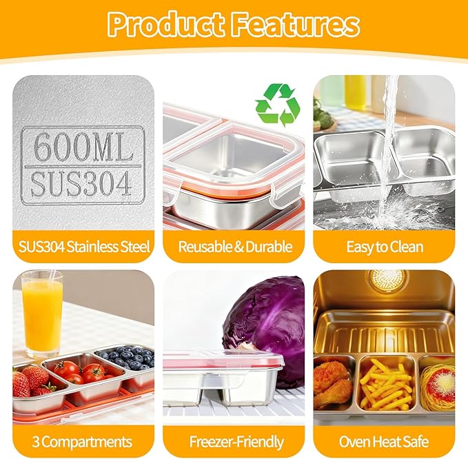 3 Pack 304 Stainless Steel Snack Containers, Reusable Leek Proof Metal Lunch Box with 3 Compartment, Food Storage Containers for Home, Work, Travel