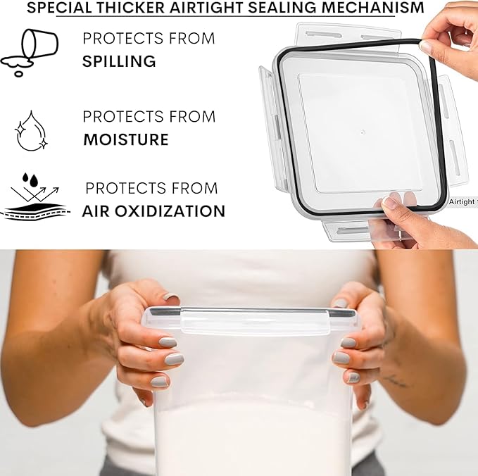 WHITE FEATHER SUPPLIES 4 Pc Flour Sugar Storage Container, Large Food Storage Containers with Lids Airtight for Kitchen, BPA Free Plastic Cereal Containers Storage [2 X 6.5 + 2 X 5.2] 4 Measuring Cup