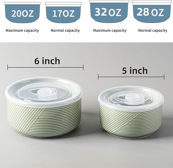 Ceramic Nesting Bowls with Lid: Microwave Safe Food Storage Containers for Work Lunch Picnic Camping Meal Prep Soup Salad Cereal Leftovers - 5 & 6 Inch, 20 & 32 oz, Set of 4, Green