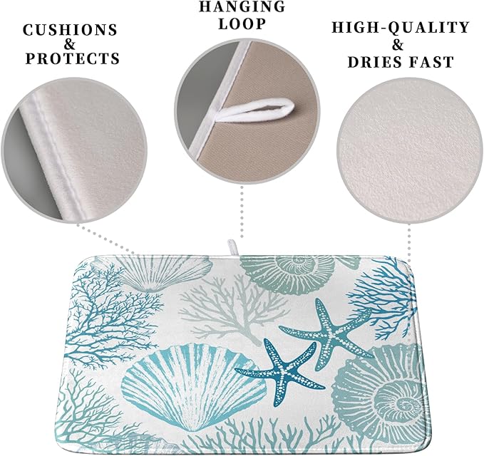 Summer Teal Dish Drying Mat for Kitchen Counter Nautical Coastal Blue Dishes Drainer Mats Turquoise Beach Coral Seashell Starfish Ocean Absorbent Microfiber Dish Draining Pad 18x24 Inch