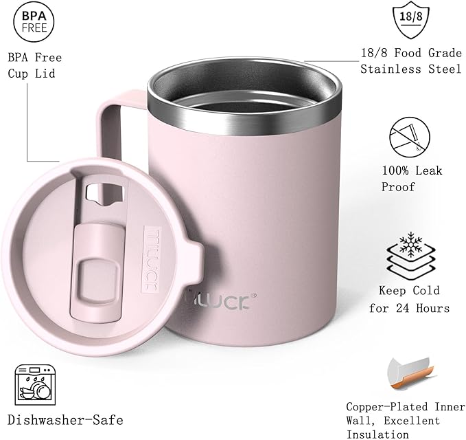 TILUCK 12 oz Insulated Coffee Mug with Lid, Leak-Proof Stainless Steel Travel Mug Cup with Handle for Hot or Cold Drinks(LightPink, 12oz)