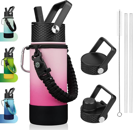 BJPKPK Water Bottle with Straw Lid, 18oz Insulated Water Bottles with 3 Lids, Paracord Handle & Non-slip Boot, Metal Stainless Steel Thermo, BPA Free Leak Proof Cups, Tumblers,Cherry