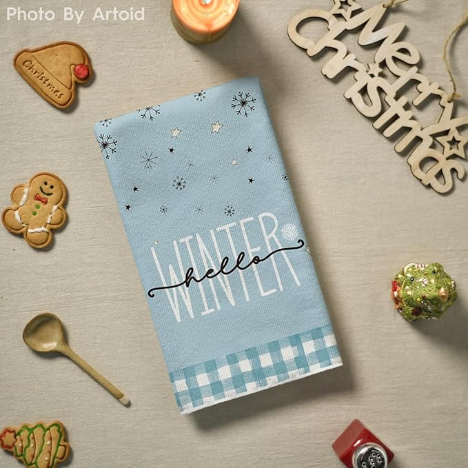 Artoid Mode Blue Buffalo Plaid Snowman Xmas Trees Christmas Kitchen Towels Dish Towels, 18x26 Inch Hello Winter Decoration Hand Towels Set of 4