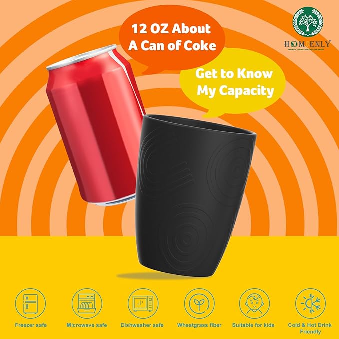 Homienly Wheat Straw Cups 8 PCS Plastic Cups Unbreakable Drinking Cup Reusable Dishwasher Safe Water Glasses with Black Colors (12 OZ)