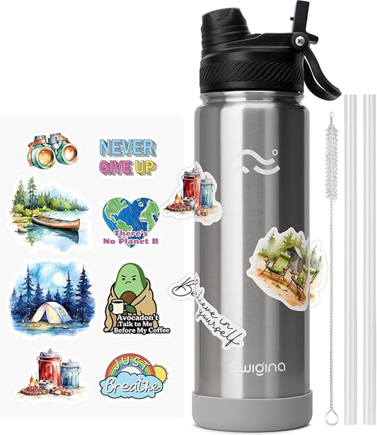 [2-IN-1 LID] Insulated Water Bottle with Silicone Boot (36hrs Cold/18hrs Hot) - DIY Stickers, Leakproof, BPA Free, 24 oz
