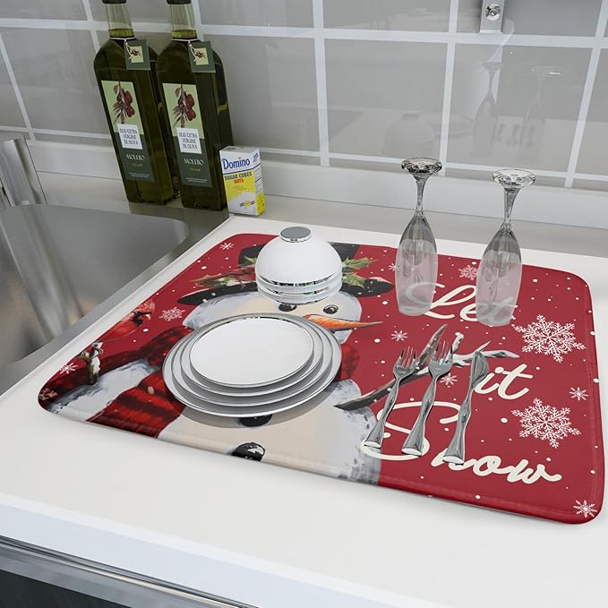 Christmas Snowman Dish Drying Mats for Kitchen Counter 18×24 Inch Snowflake Let It Snow Large Microfiber Drying Mat Kitchen Accessories Dish Rack Mat Drainer Pad Washable Absorbent