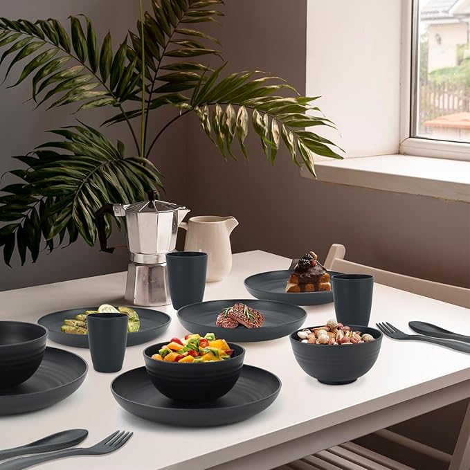 Wheat Straw Dishes Set for 4,Microwave Safe Plates and Bowls Sets, Unbreakable and Ruseable Plastic Dinnerware Sets for Kitchen,Camping,Dorm,Dessert Plates, Water Cups,Serving Bowls（Black,20 PCS）