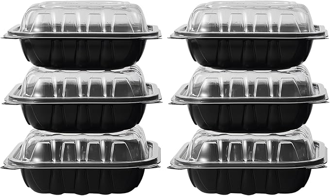 CIAO! 8"x8"x3" Polypropylene Black bottom with Clear Lid Hinged Container 3 Compartment Take Out Container, Microwavable, Recyclable and Reusable, (Case of 150)