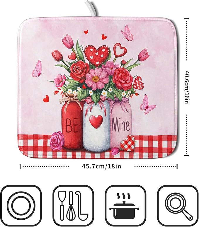 Rose Vase Dish Drying Mat 16x18 inch Romantic Floral Washable Absorbent Dish Dry Pad Fast Dry Drainer Rack Mats Kitchen Counter Accessories