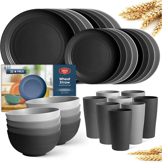 Teivio 32-Piece Kitchen Plastic Wheat Straw Dinnerware Set, Service for 8, Dinner Plates, Dessert Plate, Cereal Bowls, Cups, Unbreakable Colorful Plastic Outdoor Camping Dishes, Gray Ombre