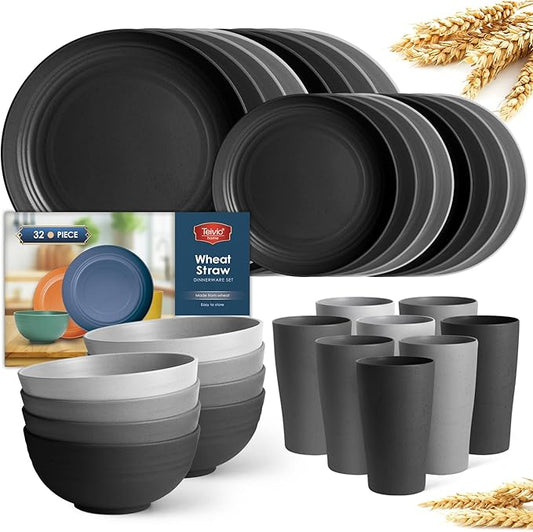 Teivio 32-Piece Kitchen Plastic Wheat Straw Dinnerware Set, Service for 8, Dinner Plates, Dessert Plate, Cereal Bowls, Cups, Unbreakable Colorful Plastic Outdoor Camping Dishes, Gray Ombre