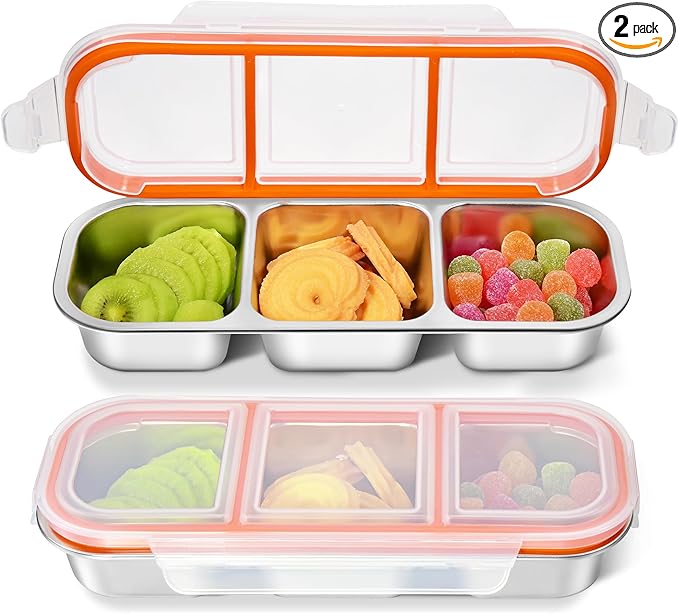 2Pack Stainless Steel Snackle Box Container, Reusable Metal Bento Box, Leak Proof 3 Compartment Divided Food Storage Containers for Travel Home Picnic Work