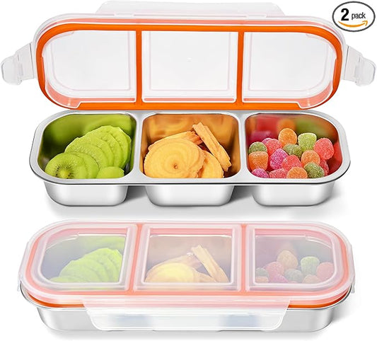 2Pack Stainless Steel Snackle Box Container, Reusable Metal Bento Box, Leak Proof 3 Compartment Divided Food Storage Containers for Travel Home Picnic Work