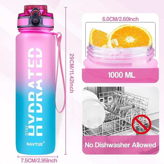 Water Bottle, 32oz Sports Water Bottles with Time Marker Wide Mouth, Motivational and Leakproof Drink Bottle, BPA Free Tritan with Carry Strap for Gym Fitness Outdoor (Direct Drink 1 Bottle)