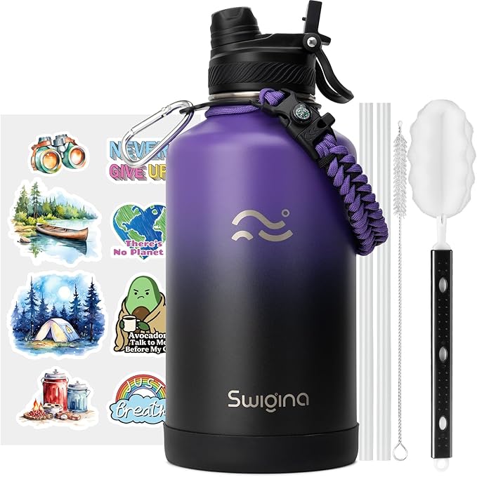 [2-IN-1 LID] 64 oz Insulated Water Bottle with Silicone Boot (48hrs Cold/24hrs Hot) - DIY Stickers, Leakproof, BPA Free, Half Gallon