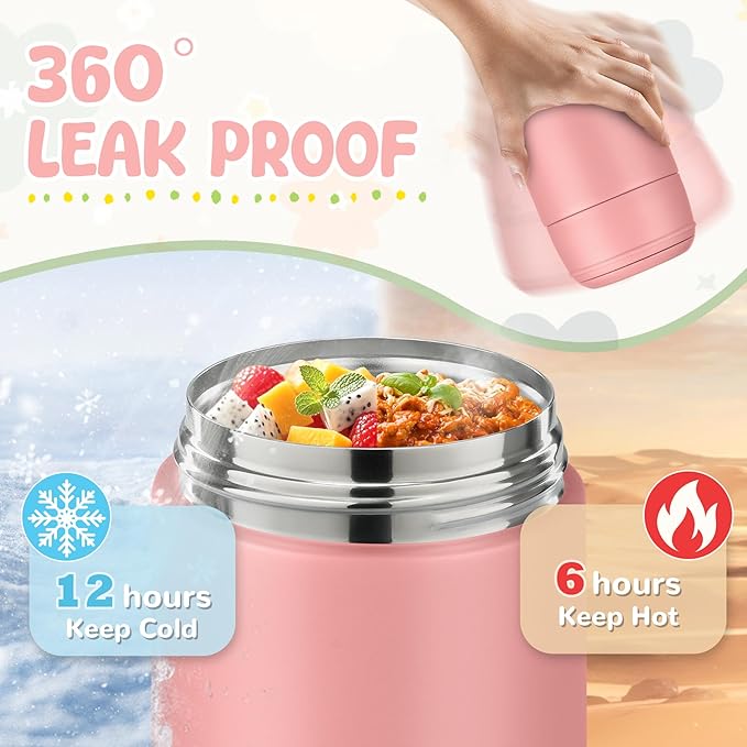 10oz Soup Thermo for Hot Food Kids Insulated Food Jar with Spoon Wide Mouth Stainless Steel Lunch Container Leak Proof Vacuum Food Box for School Travel Picnic Pink