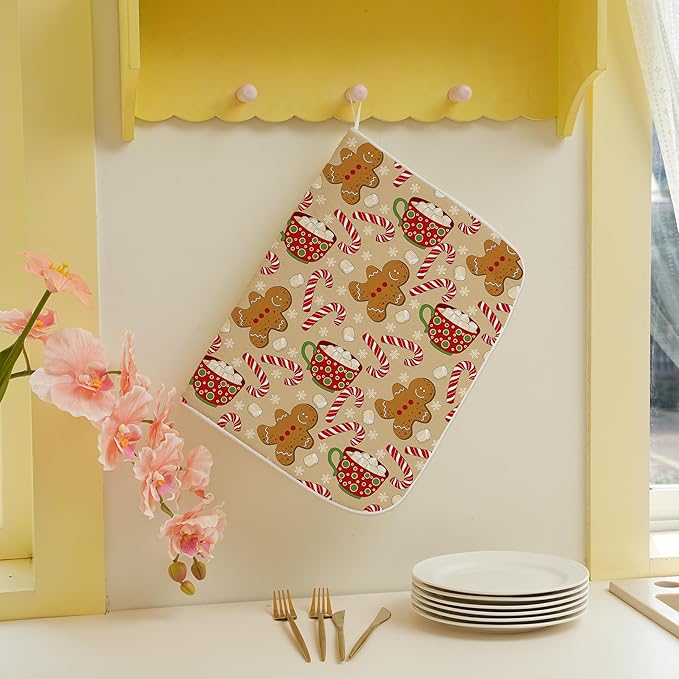 Christmas Dish Drying Mats 18x24 Inch Candy Cane Snowflake Gingerbread Man Drying Mats Xmas Winter Holiday Kitchen Decor Absorbent Drying Pad Rack Drainer Mats for Kitchen Dining Room Counter