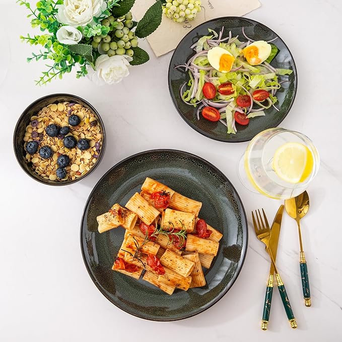 LeRatio Ceramic Dinnerware Sets for 6,Plates and Bowls Sets,Handmade Reactive Glaze Dishes Set,Chip Resistant and Scratch Resistant | Oven&Dishwasher & Microwave Safe,Service for 6-Green (18PCS)