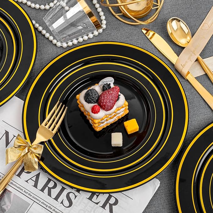 bUCLA 150 Pieces Black and Gold Disposable Dinnerware Set - 25 Guests Black Gold Plastic Plates Include 25 Dinner & 25 Dessert Plates, 25 Spoons, 25 Forks, 25 Knives, 25 Cups for Party & Halloween