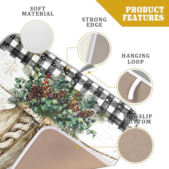 Christmas Dish Drying Mat for Counter 16'' X 18'', Black Buffalo Plaid Snowflake Gloves Dish Drainer Mats Medium Absorbent Fast Dry Microfiber Rack Pads Kitchen Accessories